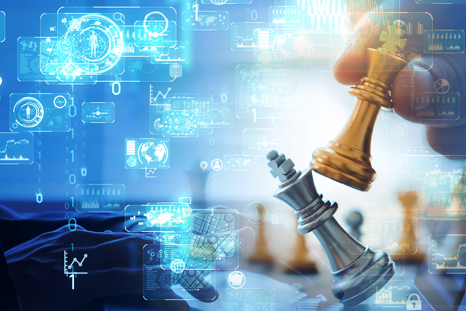 Photo illustration of a chess game overlaid by a display of data.
